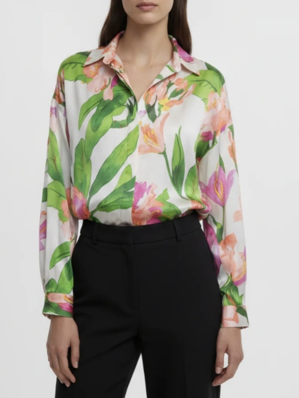 Zara Flor Tropical Print Satin Pear Button Up Shirt Pink Green Womens
